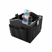 The Portable Crate Workstation with Apron Organizer – Choose Your Mounting Setup is shown in black, featuring three front pockets, side handles, a partitioned interior, and a mounted smartphone displaying a vibrant screen. Designed as a portable crate workstation, it conveniently holds various items while its device mounting feature keeps your mobile accessible. The organizer is presented on a white background.
