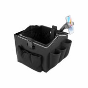 Introducing the Portable Crate Workstation with Apron Organizer – Choose Your Mounting Setup: This black, fabric car organizer features multiple exterior pockets, a spacious central compartment, and an adjustable side-mounted phone holder for convenient device access. Designed to secure your smartphone in portrait orientation, it’s the ideal mobile workstation for your vehicle.