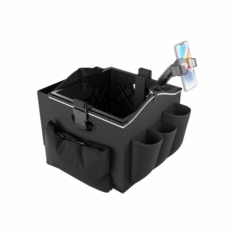 Introducing the Portable Crate Workstation with Apron Organizer – Choose Your Mounting Setup: This black, fabric car organizer features multiple exterior pockets, a spacious central compartment, and an adjustable side-mounted phone holder for convenient device access. Designed to secure your smartphone in portrait orientation, it’s the ideal mobile workstation for your vehicle.