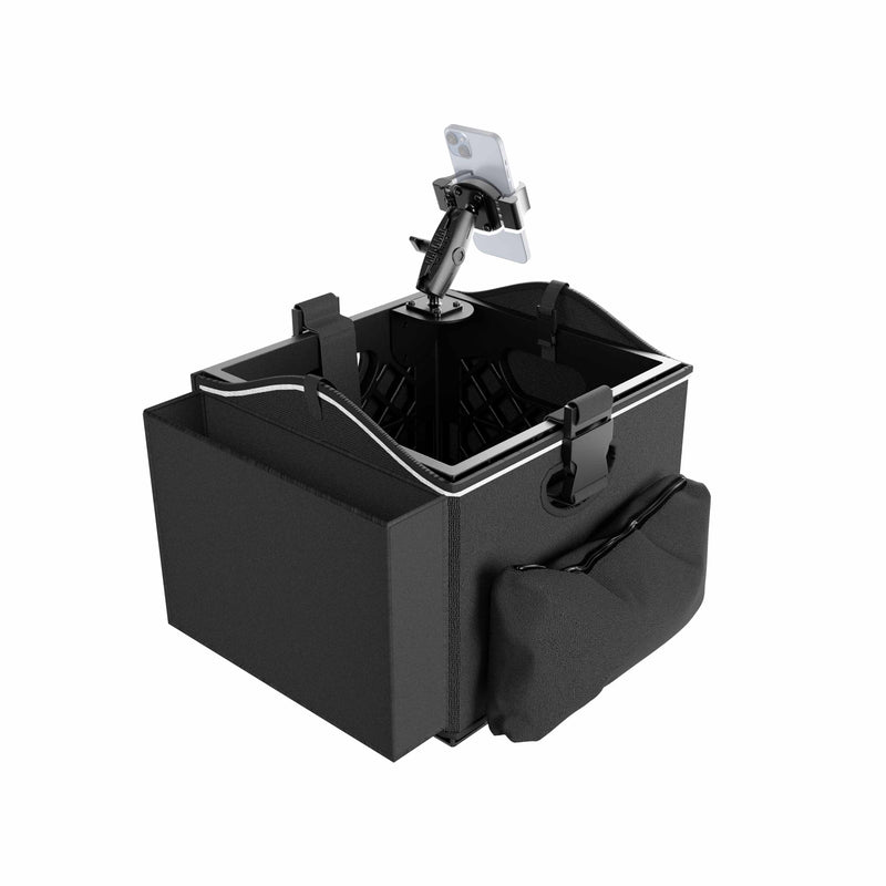 The Portable Crate Workstation with Apron Organizer – Choose Your Mounting Setup is a black bike basket designed with integrated device mounting, featuring a phone mount on top, a netted cover, a front zippered pouch, and reflective trim accents.