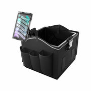 Portable Crate Workstation with Apron Organizer—featuring three front pockets, side compartments, and an attached tablet holder displaying a vibrant screen—offers a sleek solution for organizing essentials and devices on the go. Shown against a white background.