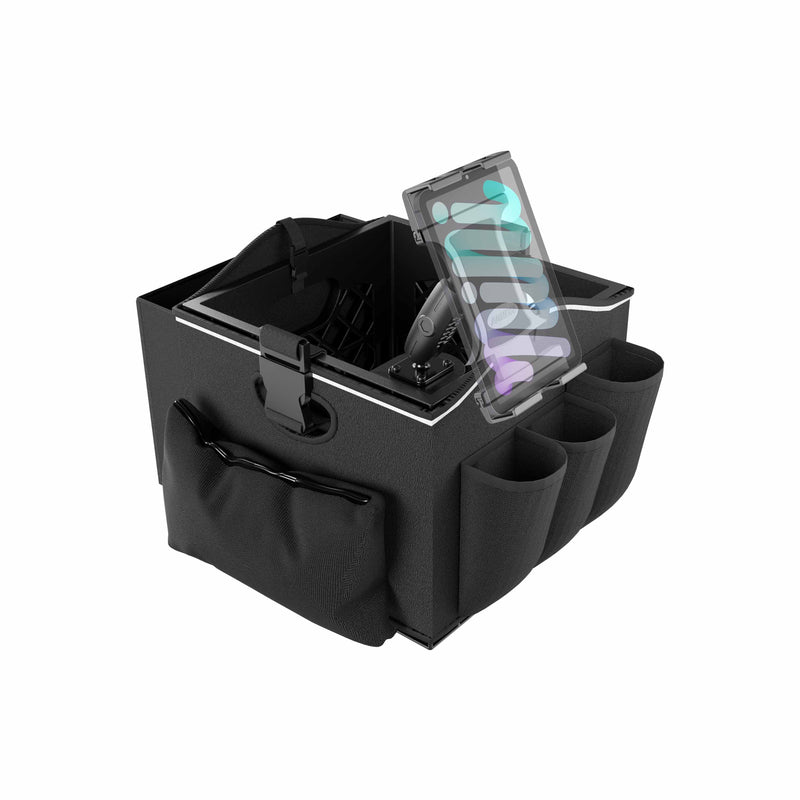 Certainly! Here’s the rewritten sentence using your product data: The Portable Crate Workstation with Apron Organizer offers a convenient mobile solution for organizing your essentials on the go. Designed with multiple exterior pouches and compartments, this versatile black organizer securely holds a tablet, notebooks, and other items, making it the ideal portable workstation for any mounting setup you choose.