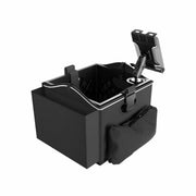 Introducing the Portable Crate Workstation with Apron Organizer – Choose Your Mounting Setup: a black rectangular basket featuring a quilted interior, an attached zippered pouch on the front, and a mounted device holder on top—ideal for anyone seeking mobility and organization in one sleek, versatile package.