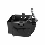 Introducing the Portable Crate Workstation with Apron Organizer – Choose Your Mounting Setup: a black, box-shaped carrying case thoughtfully designed as a mobile crate workstation. It features built-in compartments, an apron-style mesh pocket, and offers your choice of mounting setup for attaching a tablet or screen on an adjustable arm for convenient device use. With its cushioned exterior and comfortable strap, this workstation ensures easy transport and organization on the go—making it the perfect