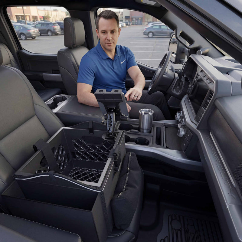 A man in a blue polo shirt sits in the driver’s seat of a parked truck, which serves as his mobile workstation. A mounted tablet and the Portable Crate Workstation with Apron Organizer – Choose Your Mounting Setup rest on the passenger seat, while a silver tumbler sits in the center console.