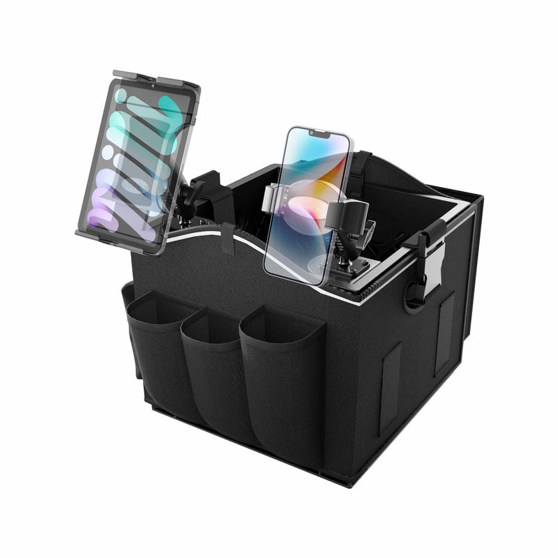 The Portable Crate Workstation with Apron Organizer – Choose Your Mounting Setup features multiple pockets, phone and tablet holders, and spacious compartments for storage. Shown with a tablet and smartphone mounted on adjustable arms, it’s the perfect mobile workstation for staying organized on the go.