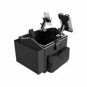 A Portable Crate Workstation with Apron Organizer – Choose Your Mounting Setup is shown against a white background, featuring a black storage box with a front pouch and two adjustable mounts—one holding a smartphone and the other holding a tablet.