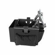 A side view of the Portable Crate Workstation with Apron Organizer – Choose Your Mounting Setup, in black, featuring multiple compartments, a padded front pocket, and an adjustable tablet holder mounted on top for convenient device access, set against a white background.