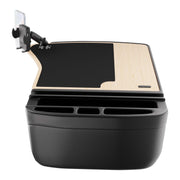 The GripMaster Efficiency Car Desk with Mega Grip™ Drill-Base Mount is a black and wood-toned car tray table featuring cup holders, storage slots, and a phone mount attached to one corner. Designed to fit over your vehicle’s center console, this versatile desk transforms your ride into an efficient mobile workstation.