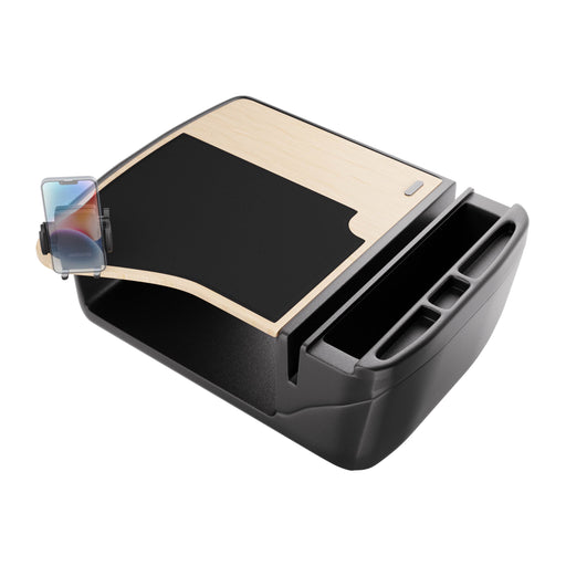 Introducing the GripMaster Efficiency Car Desk with Mega Grip™ Drill-Base Mount: a black car organizer featuring a sturdy wooden tray, integrated phone holder with Mega Grip™ Drill-Base Mount securing your smartphone, and multiple storage compartments—ideal as a mobile workstation or versatile car desk for professionals on the go.