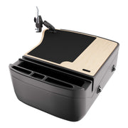 Introducing the GripMaster Efficiency Car Desk with Mega Grip™ Drill-Base Mount—a sleek black and light wood organizer featuring multiple storage slots, a spacious writing surface, and an adjustable device holder mounted in one corner, making it ideal for creating a mobile workstation at home or on the road.