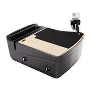 The GripMaster Efficiency Car Desk with Mega Grip™ Drill-Base Mount features a portable design with a light wood surface, black non-slip mat, multiple organizing slots, and an adjustable phone mount to securely hold your smartphone. Perfect for anyone seeking a mobile workstation, this versatile car desk ensures comfort on the go and attaches securely using its convenient drill-base mount.