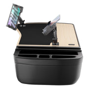 The AutoExec GripMaster Efficiency Car Desk with Mega Grip™ and Slim-Grip® Ultra Pro Drill-Base Mounts is a portable car desk featuring a wood and black surface, built-in cup holders, and two adjustable arms equipped with dedicated holders for your tablet and smartphone.