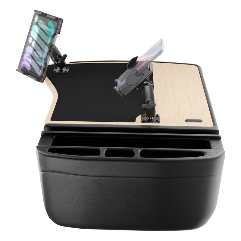 The AutoExec GripMaster Efficiency Car Desk with Mega Grip™ and Slim-Grip® Ultra Pro Drill-Base Mounts is a portable car desk featuring a wood and black surface, built-in cup holders, and two adjustable arms equipped with dedicated holders for your tablet and smartphone.