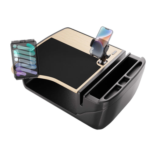 AutoExec GripMaster Efficiency Car Desk with a wood and black surface features a sturdy Mega Grip™ tablet holder, cupholders, and multiple convenient storage compartments. Designed to rest on a car seat for working or eating on the go, this versatile desk can also be paired with included Slim-Grip® Ultra Pro drill-base mounts for enhanced stability during travel.