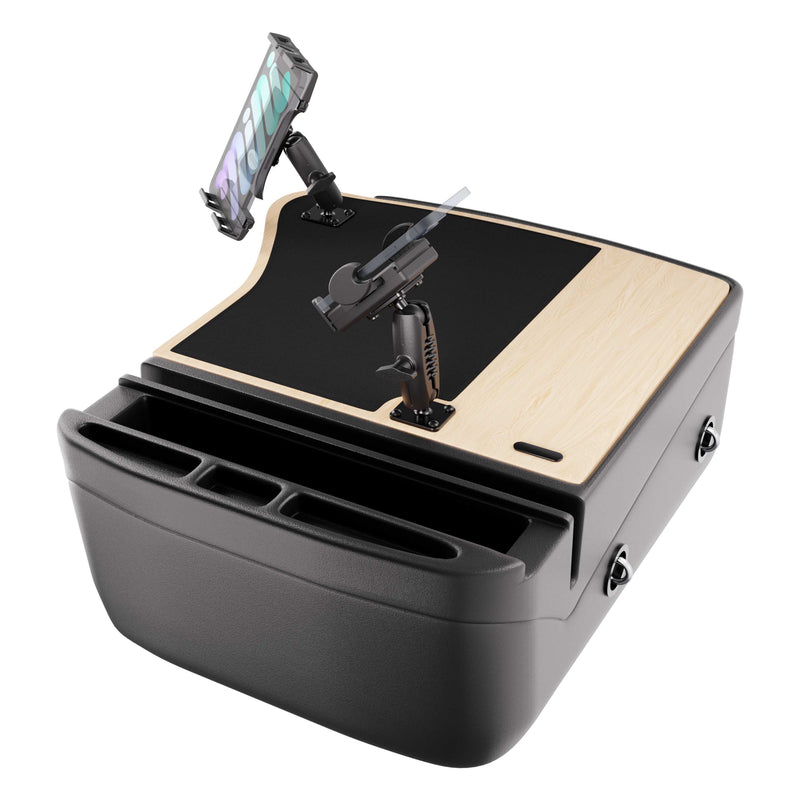 The AutoExec GripMaster Efficiency Car Desk with Mega Grip™ and Slim-Grip® Ultra Pro Drill-Base Mounts is a black and light wood organizer featuring multiple compartments, a phone holder, and a flat surface for devices or writing, designed to sit securely on your car seat. It also includes convenient tablet mounting options for enhanced versatility while on the road.