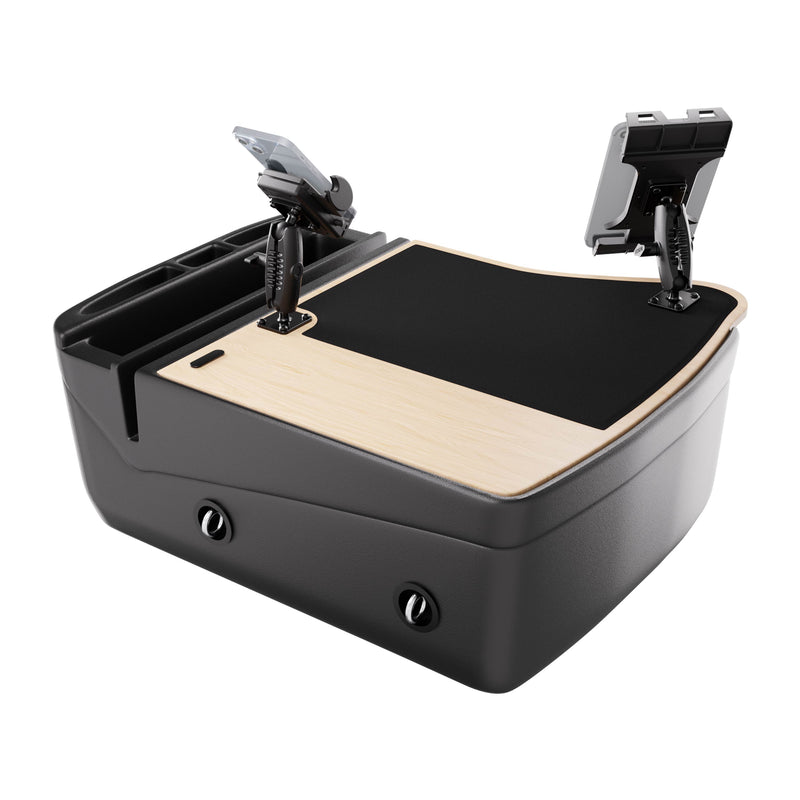 AutoExec GripMaster Efficiency Car Desk with Mega Grip™ and Slim-Grip® Ultra Pro Drill-Base Mounts, featuring two adjustable tablet holders, a flat writing surface, and built-in storage compartments—ideal as a car desk or workstation accessory—is displayed on a white background.