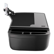 Introducing the GripMaster Efficiency Car Desk with Mega Grip™ Drill-Base Mount—a black car organizer featuring integrated cup holders, a spacious flat tray surface, and an adjustable phone holder mounted with the secure Mega Grip™ Drill-Base system. Designed to fit in your vehicle’s front seat area, it’s perfect for transforming your car into a mobile workstation or convenient desk while on the go.