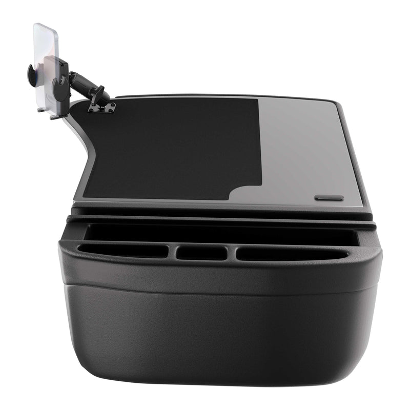 Introducing the GripMaster Efficiency Car Desk with Mega Grip™ Drill-Base Mount—a black car organizer featuring integrated cup holders, a spacious flat tray surface, and an adjustable phone holder mounted with the secure Mega Grip™ Drill-Base system. Designed to fit in your vehicle’s front seat area, it’s perfect for transforming your car into a mobile workstation or convenient desk while on the go.