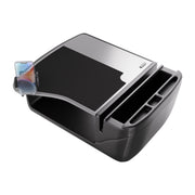 The GripMaster Efficiency Car Desk with Mega Grip™ Drill-Base Mount is a black organizer tray featuring multiple compartments, a smartphone slot, and a flat work surface—perfect for use on your car seat or center console to create an efficient mobile workstation or car desk while traveling.