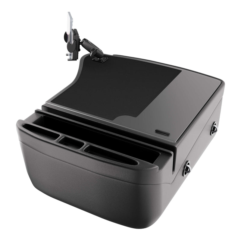 The GripMaster Efficiency Car Desk with Mega Grip™ Drill-Base Mount is a black vehicle center console organizer featuring multiple compartments and a built-in adjustable arm for securely holding devices, designed to offer extra storage and convenience—making it perfect as a mobile workstation or car desk for use on the go.