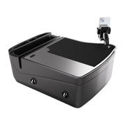 The GripMaster Efficiency Car Desk with Mega Grip™ Drill-Base Mount is a sleek black mobile workstation designed for in-vehicle use, featuring storage compartments, a spacious flat work surface, and a phone mounted on an adjustable arm with a secure drill base mount.