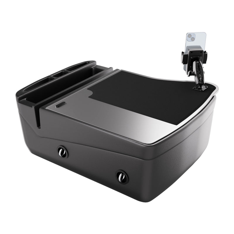 The GripMaster Efficiency Car Desk with Mega Grip™ Drill-Base Mount is a sleek black mobile workstation designed for in-vehicle use, featuring storage compartments, a spacious flat work surface, and a phone mounted on an adjustable arm with a secure drill base mount.