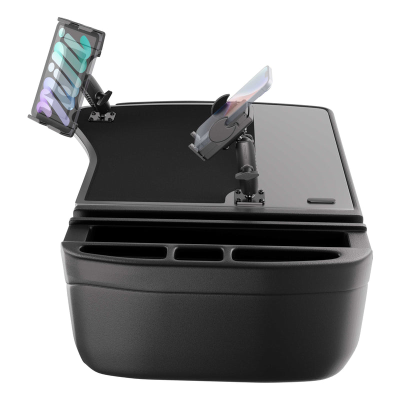 Introducing the AutoExec GripMaster Efficiency Car Desk in black, featuring spacious front compartments for storage and a flat desktop surface for on-the-go productivity. Equipped with both a Mega Grip™ smartphone holder and a Slim-Grip® Ultra Pro tablet drill-base mount, this organizer ensures your devices are securely positioned and easily accessible while you travel.