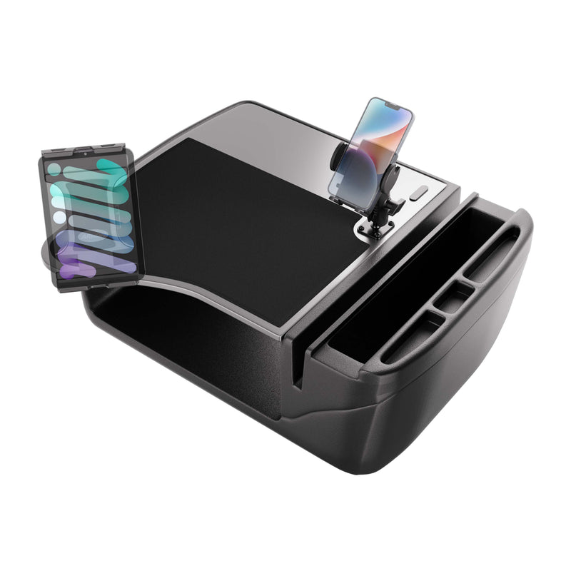 The AutoExec GripMaster Efficiency Car Desk with Mega Grip™ and Slim-Grip® Ultra Pro Drill-Base Mounts is a black car organizer tray designed as a versatile car desk, featuring slots for phone and tablet holders, a flat writing surface, convenient storage compartments, and a raised edge to prevent items from sliding off.