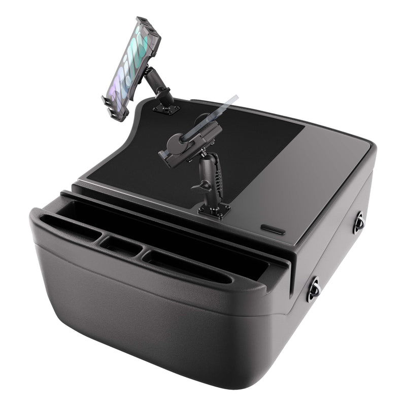 The AutoExec GripMaster Efficiency Car Desk with Mega Grip™ and Slim-Grip® Ultra Pro Drill-Base Mounts features a sleek black storage organizer with two compartments, a flat top surface, and an adjustable tablet holder attached at the back. The holder can securely display a smartphone in an upright position, making this organizer ideal for use as a car desk or for maintaining an organized, efficient workspace.