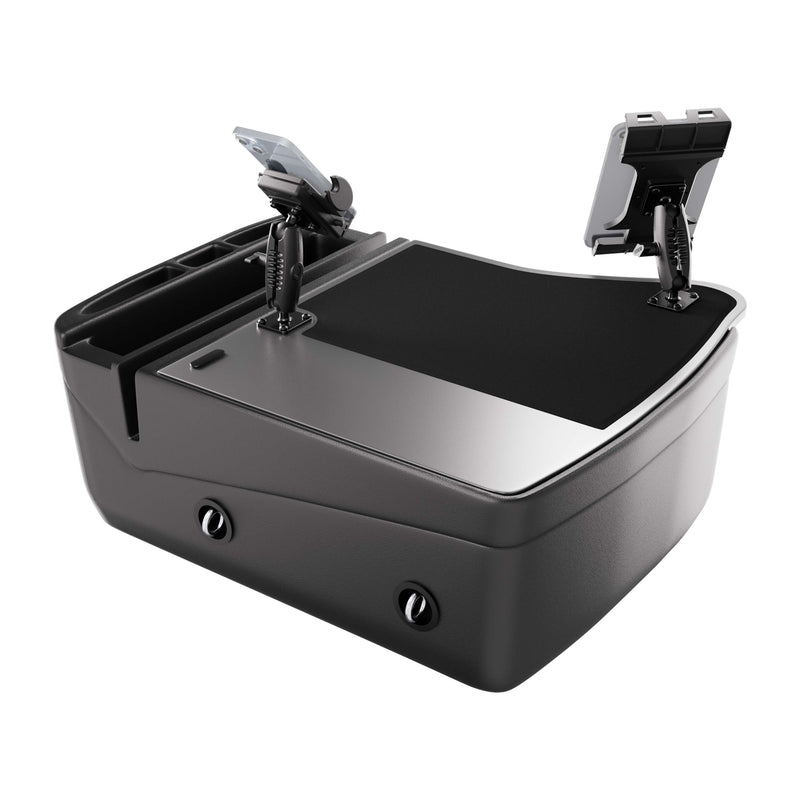 The AutoExec GripMaster Efficiency Car Desk with Mega Grip™ and Slim-Grip® Ultra Pro Drill-Base Mounts is a black and gray portable workstation featuring two adjustable holders for tablets or phones, convenient storage compartments, and a spacious flat surface. Designed for use in vehicles or on the go, this versatile car desk boasts sturdy drill-base mounts for exceptional stability, ensuring your devices remain secure wherever your travels take you.