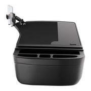 The GripMaster Efficiency Car Desk with Mega Grip™ Drill-Base Mount is a black automotive accessory featuring a cup holder, a slot for small items, integrated air vents, and an attached phone holder on the side, designed to function as a convenient mobile workstation in your car.
