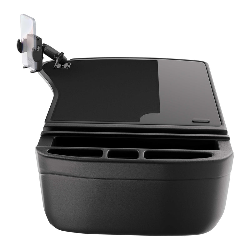 The GripMaster Efficiency Car Desk with Mega Grip™ Drill-Base Mount is a black automotive accessory featuring a cup holder, a slot for small items, integrated air vents, and an attached phone holder on the side, designed to function as a convenient mobile workstation in your car.