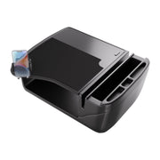 GripMaster Efficiency Car Desk with Mega Grip™ Drill-Base Mount in black, featuring a left-side Mega Grip™ phone holder that displays your smartphone, multiple storage compartments, and a smooth writing surface—ideal for transforming your vehicle into a compact mobile workstation.