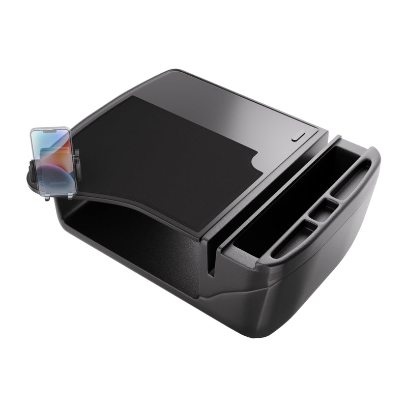 GripMaster Efficiency Car Desk with Mega Grip™ Drill-Base Mount in black, featuring a left-side Mega Grip™ phone holder that displays your smartphone, multiple storage compartments, and a smooth writing surface—ideal for transforming your vehicle into a compact mobile workstation.