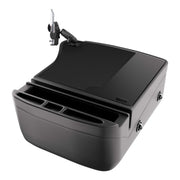 Introducing the GripMaster Efficiency Car Desk with Mega Grip™ Drill-Base Mount—a black workstation tray equipped with an integrated tablet holder, specifically designed to organize dental tools and equipment during procedures. Featuring multiple compartments and a sleek, modern design, this versatile tray is the perfect addition to any mobile workstation.