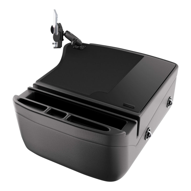 Introducing the GripMaster Efficiency Car Desk with Mega Grip™ Drill-Base Mount—a black workstation tray equipped with an integrated tablet holder, specifically designed to organize dental tools and equipment during procedures. Featuring multiple compartments and a sleek, modern design, this versatile tray is the perfect addition to any mobile workstation.
