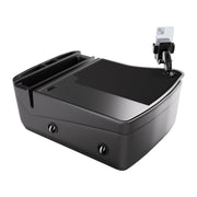The GripMaster Efficiency Car Desk with Mega Grip™ Drill-Base Mount is a black organizer featuring multiple compartments, a flat work surface, and a flexible phone holder securely displaying your smartphone. Designed to sit on your car seat or console, this versatile car desk transforms your vehicle into an efficient mobile workstation for productivity on the go.