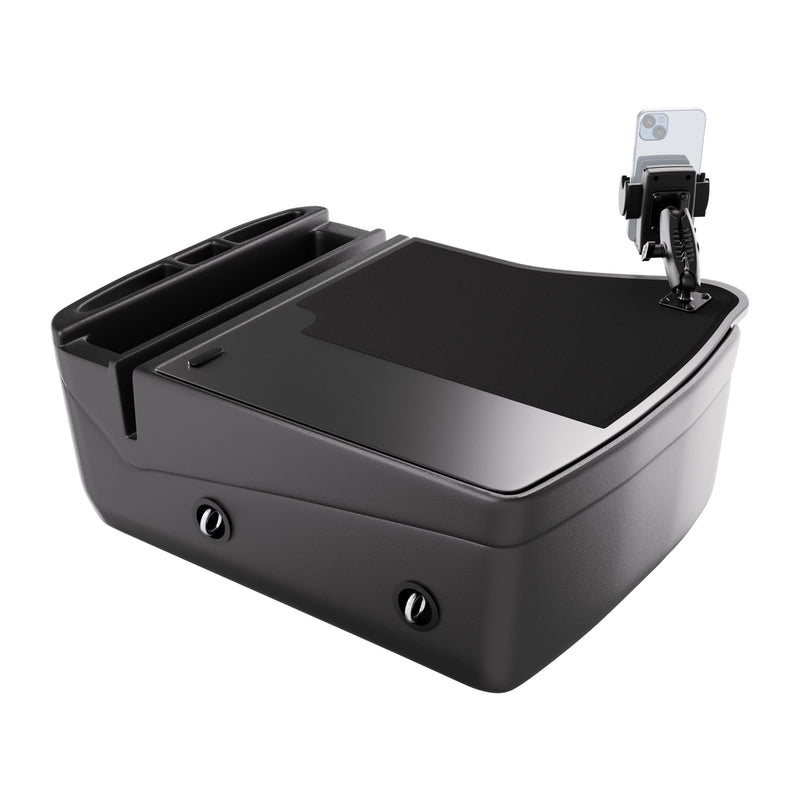 The GripMaster Efficiency Car Desk with Mega Grip™ Drill-Base Mount is a black organizer featuring multiple compartments, a flat work surface, and a flexible phone holder securely displaying your smartphone. Designed to sit on your car seat or console, this versatile car desk transforms your vehicle into an efficient mobile workstation for productivity on the go.