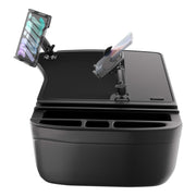 The AutoExec GripMaster Efficiency Car Desk with Mega Grip™ and Slim-Grip® Ultra Pro Drill-Base Mounts features a sleek black organizer equipped with two adjustable mounts for securely holding your tablet and smartphone, as well as convenient front storage slots—ideal for keeping your car desk setup organized and efficient.