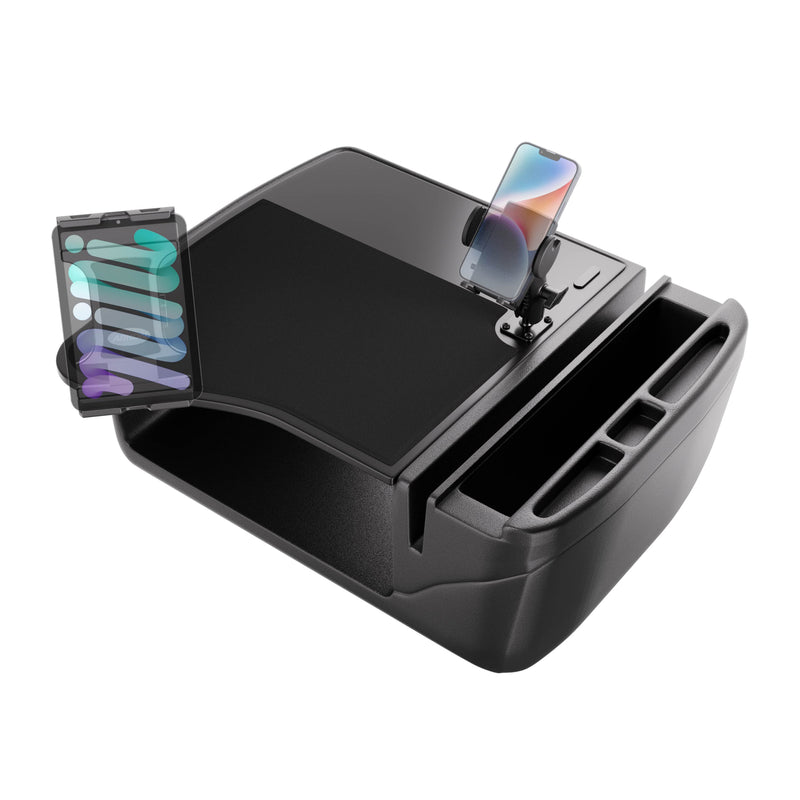 The AutoExec GripMaster Efficiency Car Desk with Mega Grip™ and Slim-Grip® Ultra Pro Drill-Base Mounts is shown on a white background. Featuring convenient holders for both your smartphone and tablet, this versatile car desk includes multiple compartments for organized storage—helping you keep all your essentials neatly arranged while on the go.