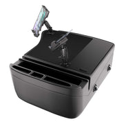 An AutoExec GripMaster Efficiency Car Desk in black, featuring a rectangular design with integrated cup holders and a mounted Mega Grip™ phone holder displaying a colorful screen, plus an included Slim-Grip® Ultra Pro drill-base mount for securely holding your tablet.