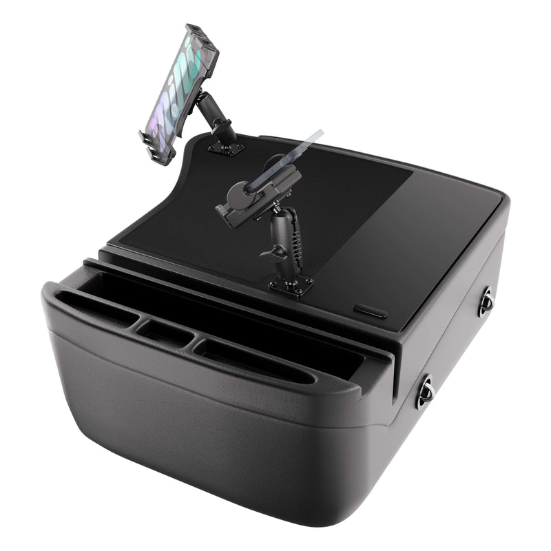 An AutoExec GripMaster Efficiency Car Desk in black, featuring a rectangular design with integrated cup holders and a mounted Mega Grip™ phone holder displaying a colorful screen, plus an included Slim-Grip® Ultra Pro drill-base mount for securely holding your tablet.