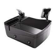Introducing the AutoExec GripMaster Efficiency Car Desk in black, a versatile console organizer featuring two adjustable device mounts—Mega Grip™ and Slim-Grip® Ultra Pro drill-base mounts—cup holders, and a spacious flat surface for storage or writing. Its sleek, modern design is complemented by a dedicated tablet holder for added convenience on the go.