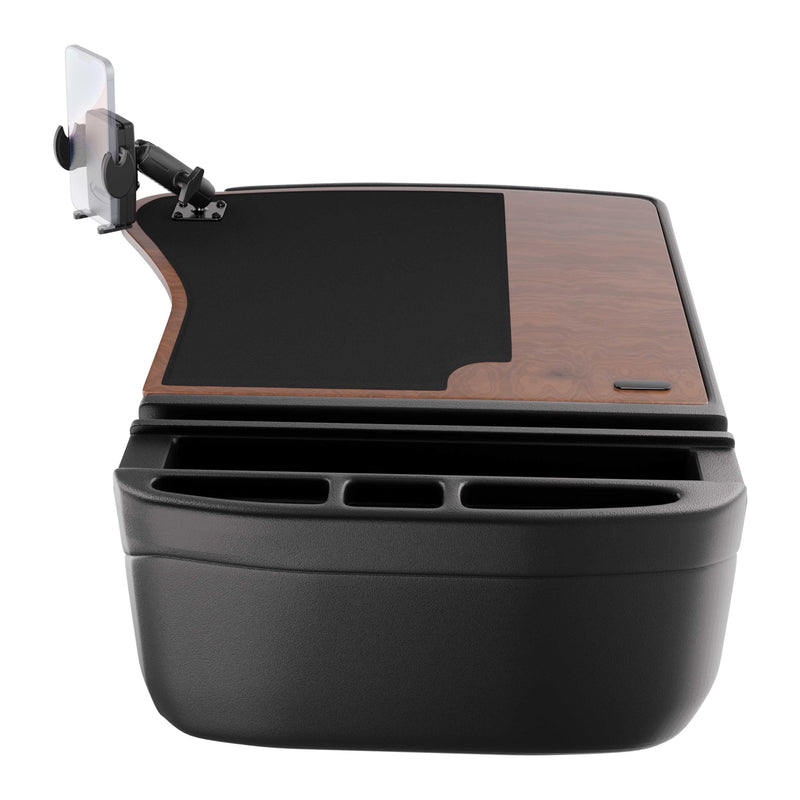 The GripMaster Efficiency Car Desk with Mega Grip™ Drill-Base Mount features a wood-patterned tray, black mouse pad area, integrated phone holder, and multiple storage compartments, all designed to fit securely over your vehicle’s center console—an ideal solution for creating a mobile workstation on the go.