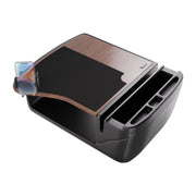 Introducing the GripMaster Efficiency Car Desk with Mega Grip™ Drill-Base Mount—a black and brown car organizer tray featuring multiple compartments, a wood-textured sliding cover, and a sturdy phone holder displaying your smartphone. Perfect as a mobile workstation or convenient car desk for staying organized on the go.