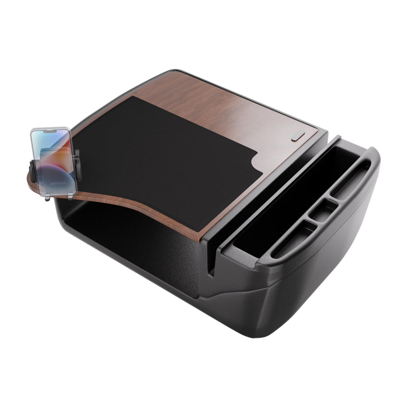 Introducing the GripMaster Efficiency Car Desk with Mega Grip™ Drill-Base Mount—a black and brown car organizer tray featuring multiple compartments, a wood-textured sliding cover, and a sturdy phone holder displaying your smartphone. Perfect as a mobile workstation or convenient car desk for staying organized on the go.