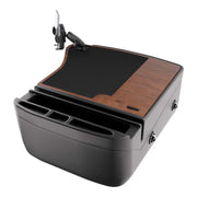 The GripMaster Efficiency Car Desk with Mega Grip™ Drill-Base Mount features a sleek black and wood-grain design, integrated cup holders, storage slots, and an adjustable phone holder mounted on top—ideal for creating a mobile workstation or car desk wherever you go.