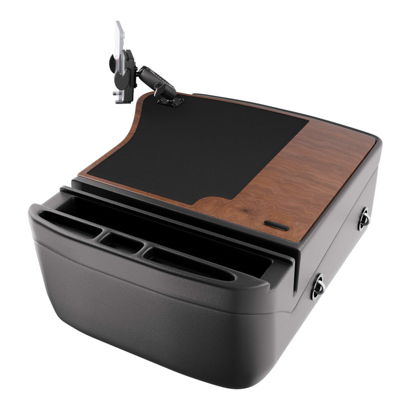The GripMaster Efficiency Car Desk with Mega Grip™ Drill-Base Mount features a sleek black and wood-grain design, integrated cup holders, storage slots, and an adjustable phone holder mounted on top—ideal for creating a mobile workstation or car desk wherever you go.