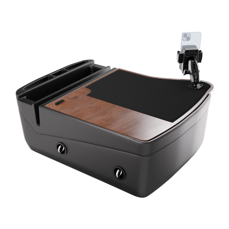 GripMaster Efficiency Car Desk with Mega Grip™ Drill-Base Mount in a black and wood finish, featuring integrated cup holders, a storage compartment, and an adjustable Mega Grip™ phone mount securely holding a smartphone—transforming your vehicle into a convenient mobile workstation.